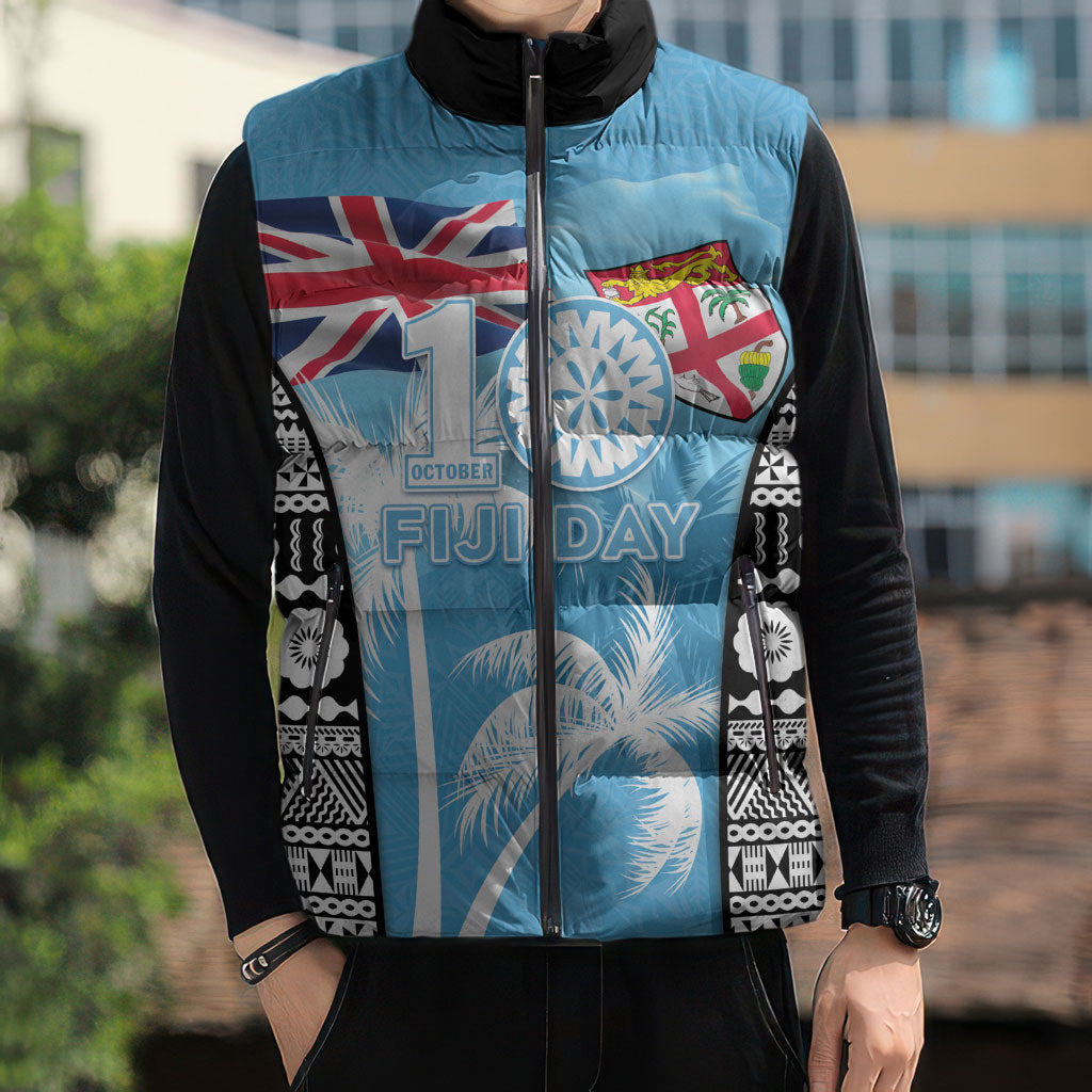 Personalised Fiji Day 2026 Sleeveless Puffer Jacket Masi Tapa Pattern With Palm Tree LT05 - Polynesian Pride