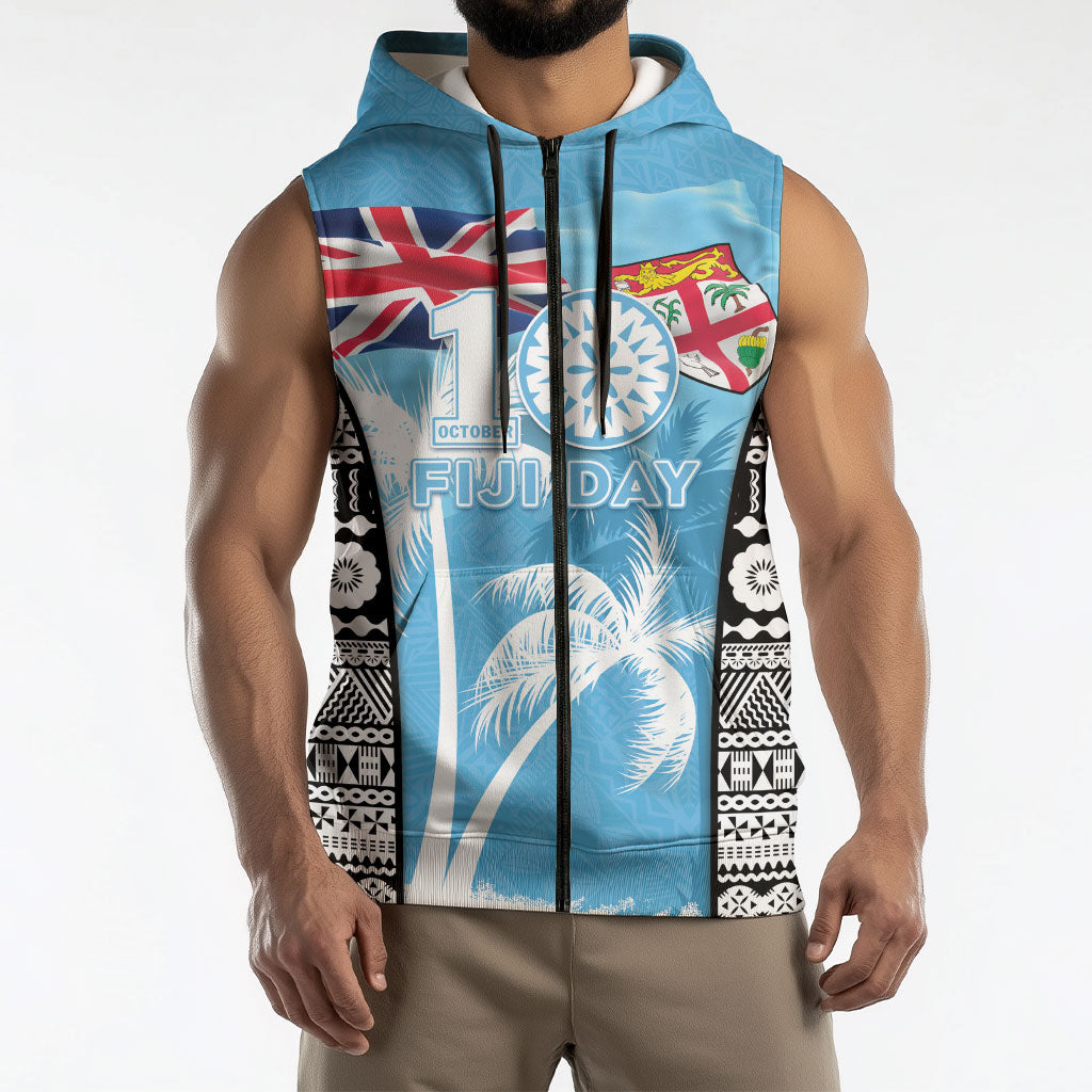 Personalised Fiji Day 2026 Sleeveless Zip Hoodie Masi Tapa Pattern With Palm Tree LT05 - Polynesian Pride