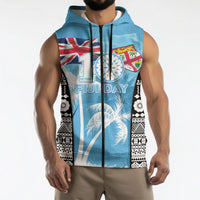Personalised Fiji Day 2026 Sleeveless Zip Hoodie Masi Tapa Pattern With Palm Tree LT05 - Polynesian Pride