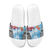 Fiji Day 2026 Slide Sandals Masi Tapa Pattern With Palm Tree LT05 Blue - Polynesian Pride