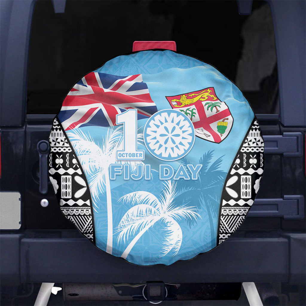 Fiji Day 2026 Spare Tire Cover Masi Tapa Pattern With Palm Tree LT05 No hole Blue - Polynesian Pride