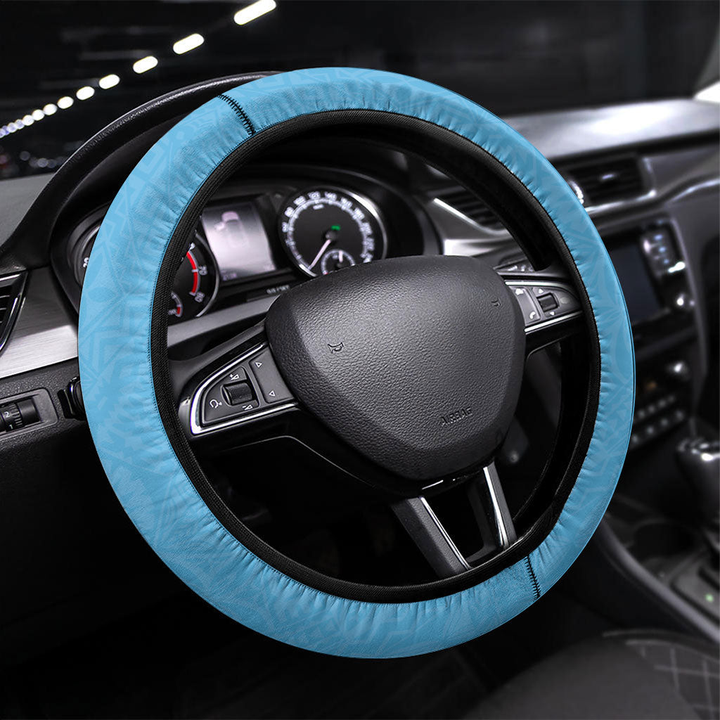Fiji Day 2026 Steering Wheel Cover Masi Tapa Pattern With Palm Tree LT05 Universal Fit Blue - Polynesian Pride