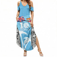 Personalised Fiji Day 2026 Summer Maxi Dress Masi Tapa Pattern With Palm Tree LT05 Women Blue - Polynesian Pride