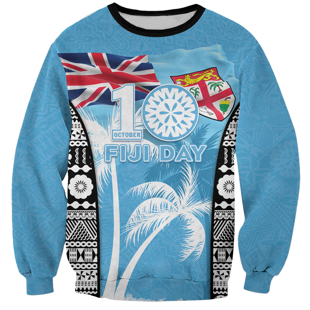 Personalised Fiji Day 2026 Sweatshirt Masi Tapa Pattern With Palm Tree LT05 Unisex Blue - Polynesian Pride