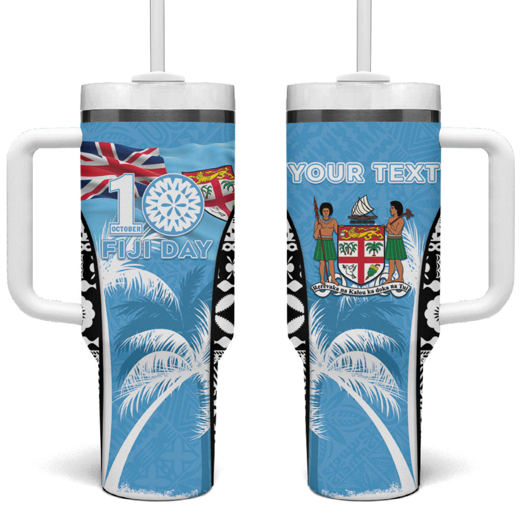 Personalised Fiji Day 2026 Tumbler With Handle Masi Tapa Pattern With Palm Tree LT05 One Size: 40 oz Blue - Polynesian Pride