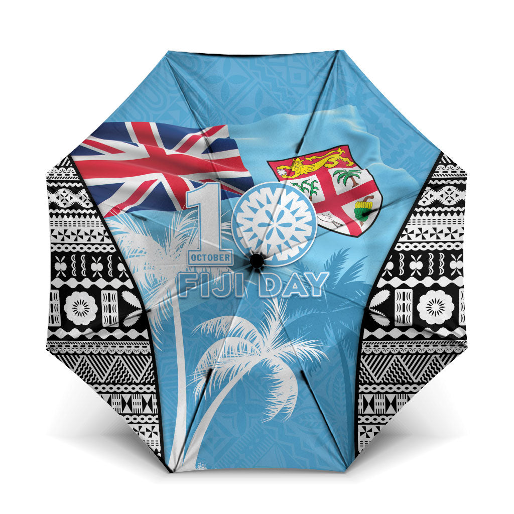 Fiji Day 2026 Umbrella Masi Tapa Pattern With Palm Tree LT05 One Size Folded 11.42 inch Opened Diameter 37.4 inch Blue - Polynesian Pride