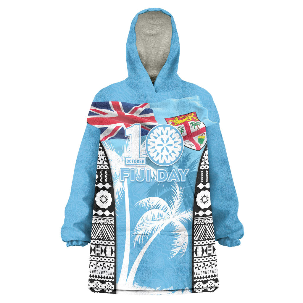 Personalised Fiji Day 2026 Wearable Blanket Hoodie Masi Tapa Pattern With Palm Tree LT05 One Size Blue - Polynesian Pride