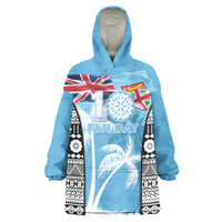 Personalised Fiji Day 2026 Wearable Blanket Hoodie Masi Tapa Pattern With Palm Tree LT05 One Size Blue - Polynesian Pride