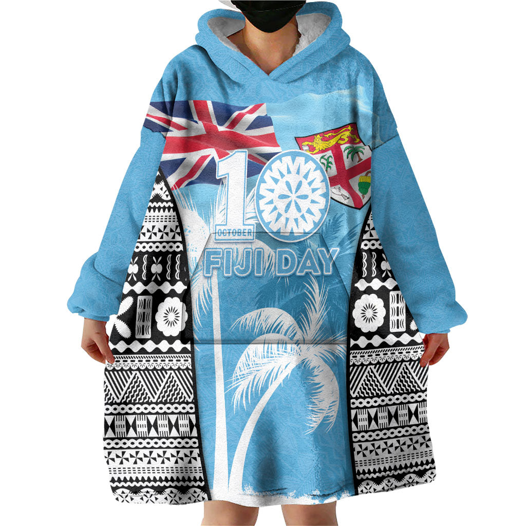 Personalised Fiji Day 2026 Wearable Blanket Hoodie Masi Tapa Pattern With Palm Tree LT05 - Polynesian Pride