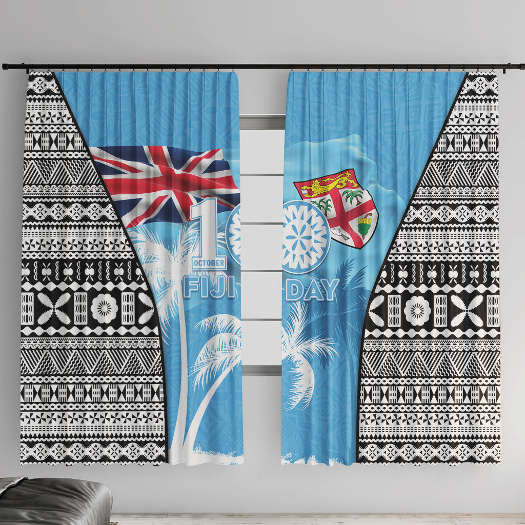 Fiji Day 2026 Window Curtain Masi Tapa Pattern With Palm Tree LT05 With Hooks Blue - Polynesian Pride