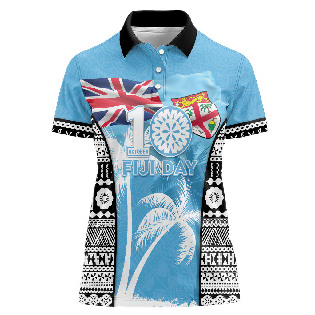 Personalised Fiji Day 2026 Women Polo Shirt Masi Tapa Pattern With Palm Tree LT05 Female Blue - Polynesian Pride