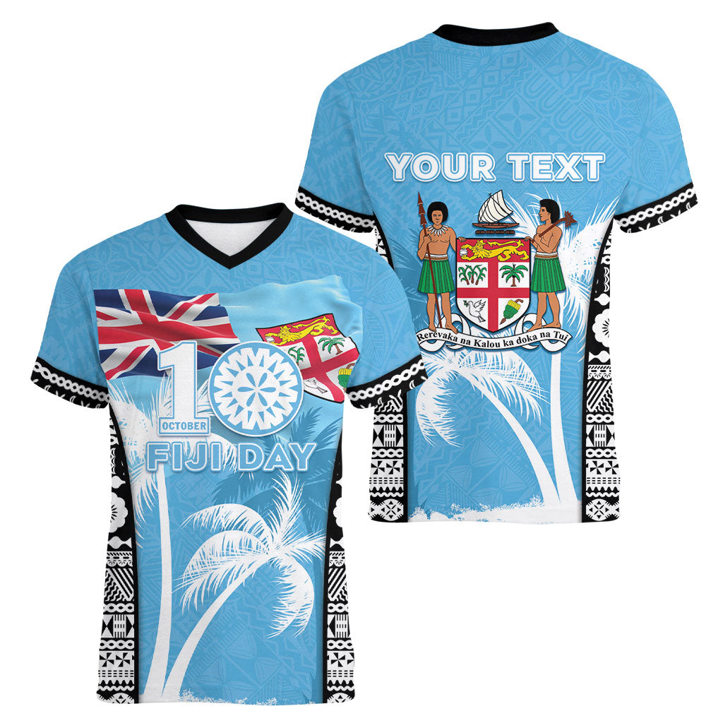 Personalised Fiji Day 2026 Women V-Neck T-Shirt Masi Tapa Pattern With Palm Tree LT05 - Polynesian Pride