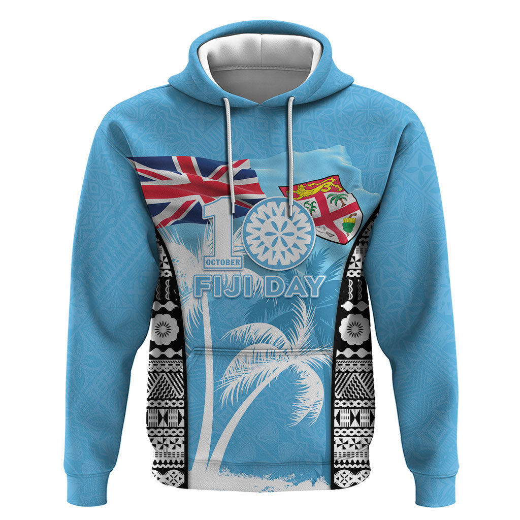 Personalised Fiji Day 2026 Zip Hoodie Masi Tapa Pattern With Palm Tree LT05 Pullover Hoodie Blue - Polynesian Pride