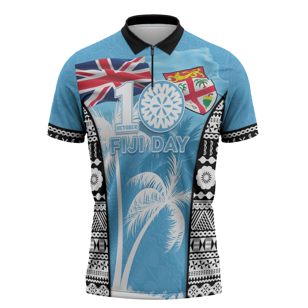 Personalised Fiji Day 2026 Zipper Polo Shirt Masi Tapa Pattern With Palm Tree LT05 Blue - Polynesian Pride