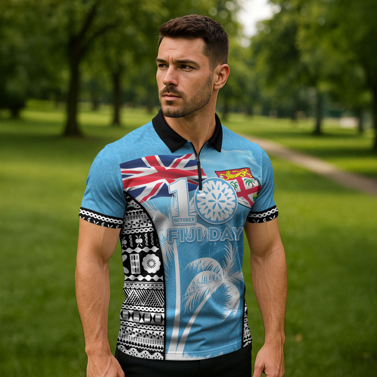 Personalised Fiji Day 2026 Zipper Polo Shirt Masi Tapa Pattern With Palm Tree LT05 - Polynesian Pride
