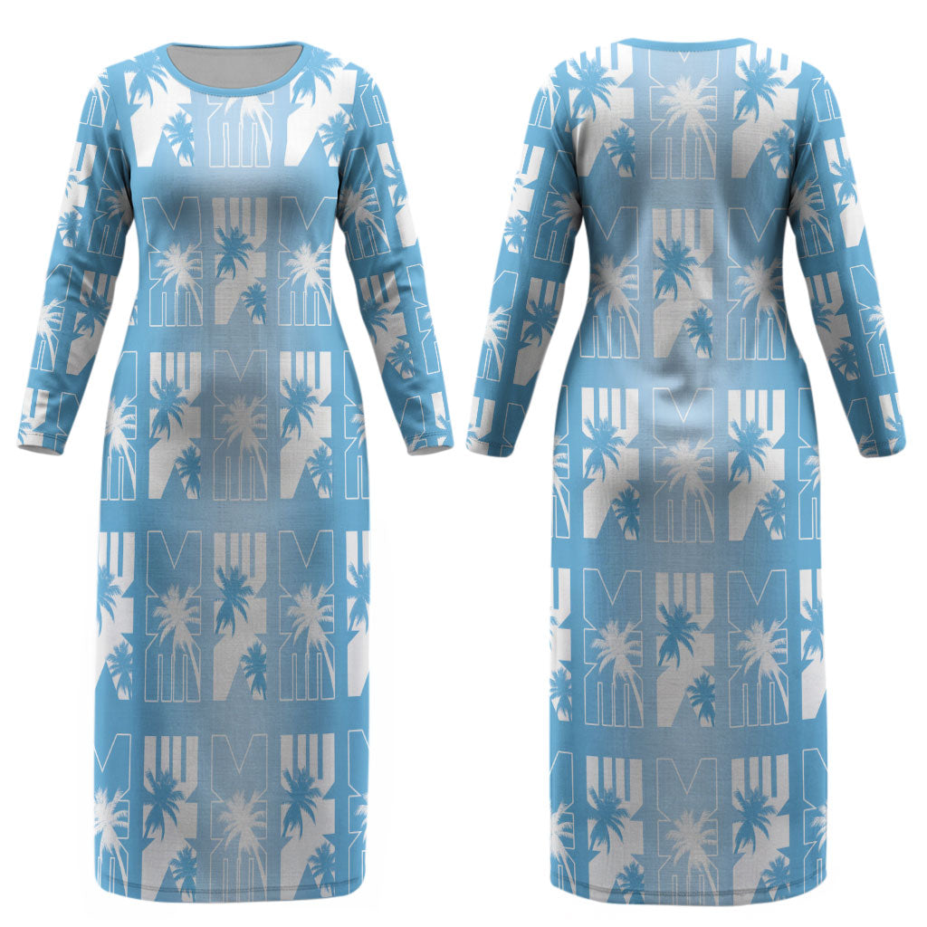 Bula Fiji Couples Matching Long Sleeve Bodycon Dress and Long Sleeve Button Shirt Blue Makare Masi Tapa Pattern LT05 - Polynesian Pride