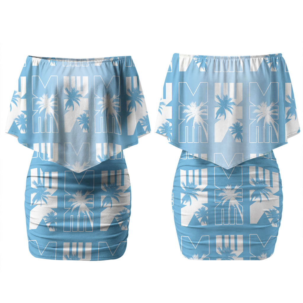 Bula Fiji Couples Matching Off Shoulder Short Dress and Long Sleeve Button Shirt Blue Makare Masi Tapa Pattern LT05 - Polynesian Pride