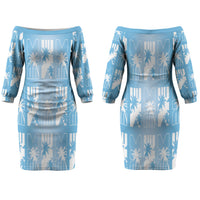 Bula Fiji Couples Matching Off The Shoulder Long Sleeve Dress and Hawaiian Shirt Blue Makare Masi Tapa Pattern LT05 - Polynesian Pride