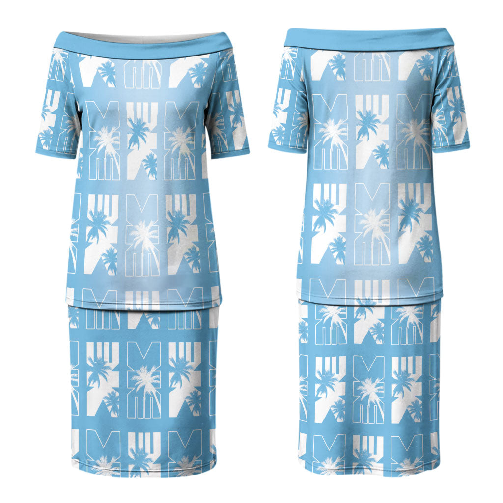 Bula Fiji Couples Matching Puletasi and Long Sleeve Button Shirt Blue Makare Masi Tapa Pattern LT05 - Polynesian Pride