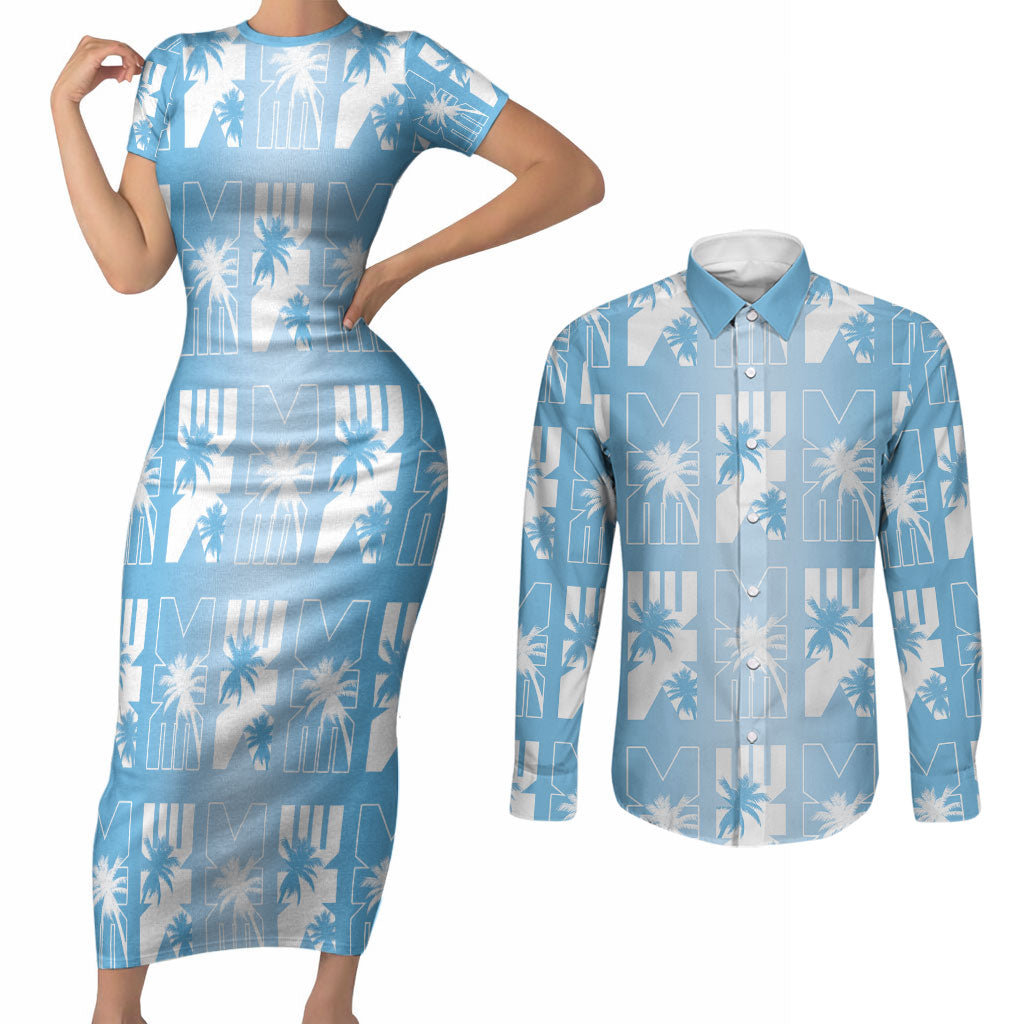 Bula Fiji Couples Matching Short Sleeve Bodycon Dress and Long Sleeve Button Shirt Blue Makare Masi Tapa Pattern LT05 Blue - Polynesian Pride