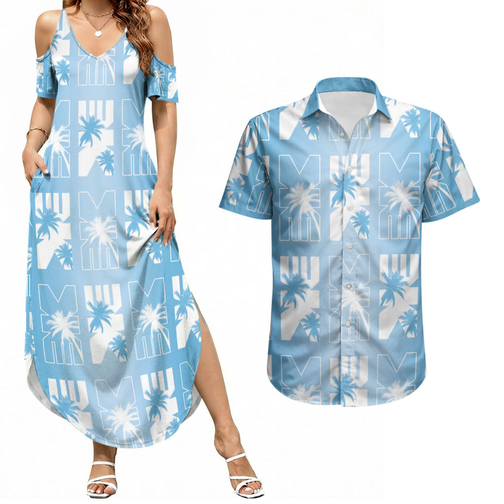 Bula Fiji Couples Matching Summer Maxi Dress and Hawaiian Shirt Blue Makare Masi Tapa Pattern LT05 Blue - Polynesian Pride