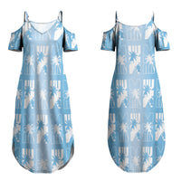 Bula Fiji Couples Matching Summer Maxi Dress and Long Sleeve Button Shirt Blue Makare Masi Tapa Pattern LT05 - Polynesian Pride