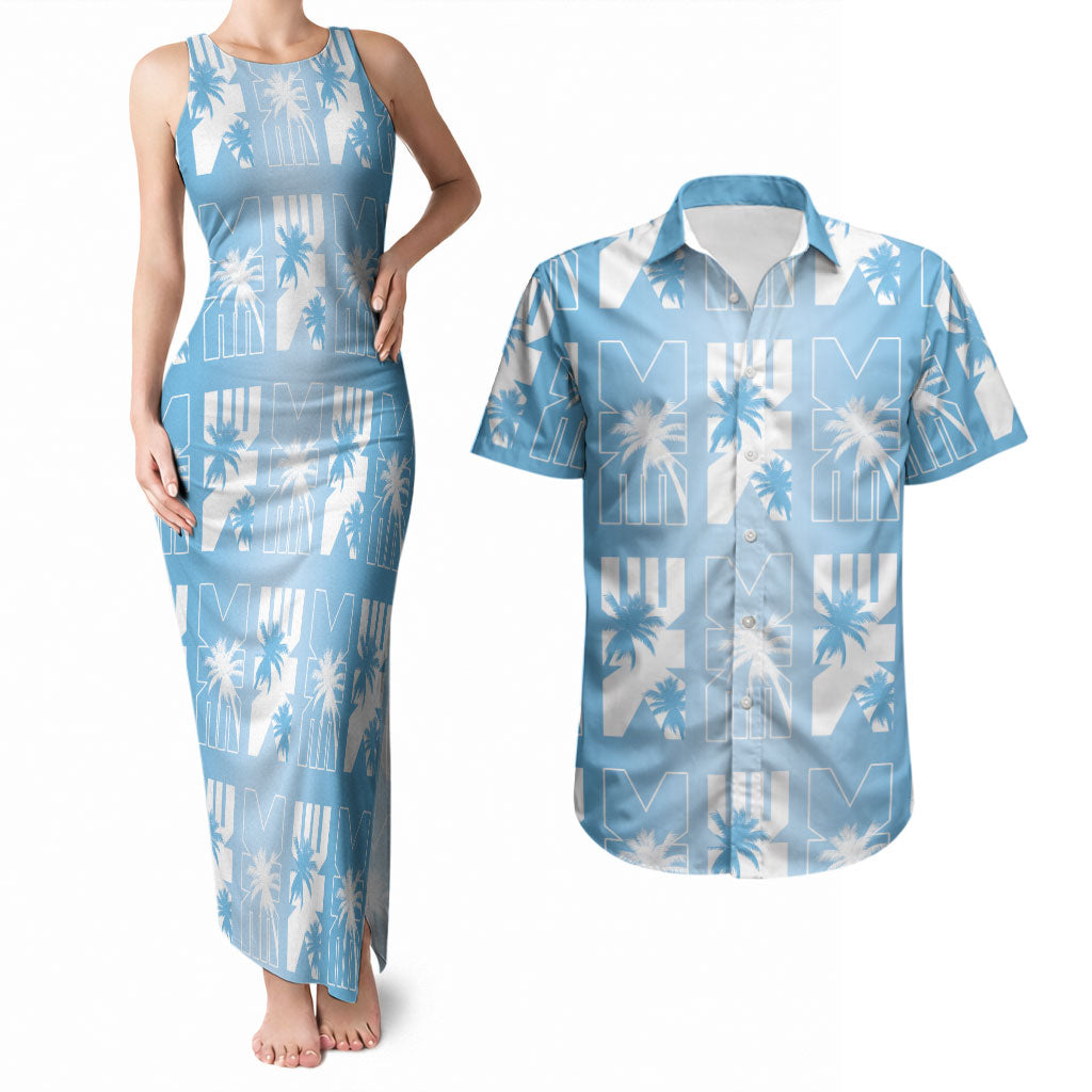 Bula Fiji Couples Matching Tank Maxi Dress and Hawaiian Shirt Blue Makare Masi Tapa Pattern LT05 Blue - Polynesian Pride