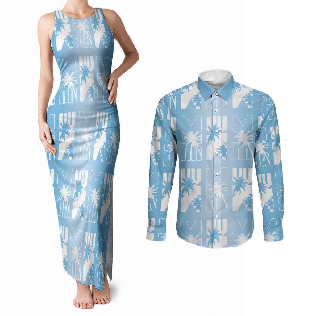 Bula Fiji Couples Matching Tank Maxi Dress and Long Sleeve Button Shirt Blue Makare Masi Tapa Pattern LT05 Blue - Polynesian Pride