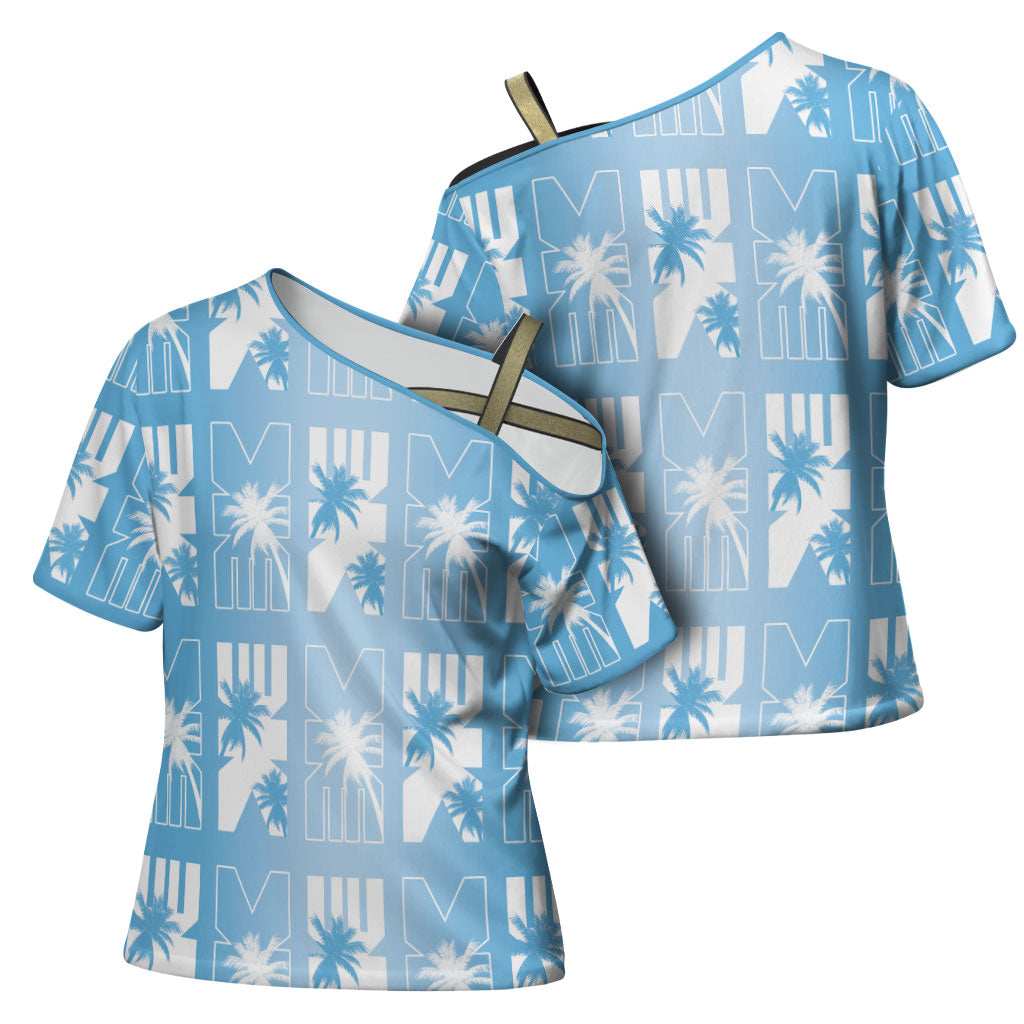 Bula Fiji Cross Shoulder Shirt Blue Makare Masi Tapa Pattern LT05 - Polynesian Pride