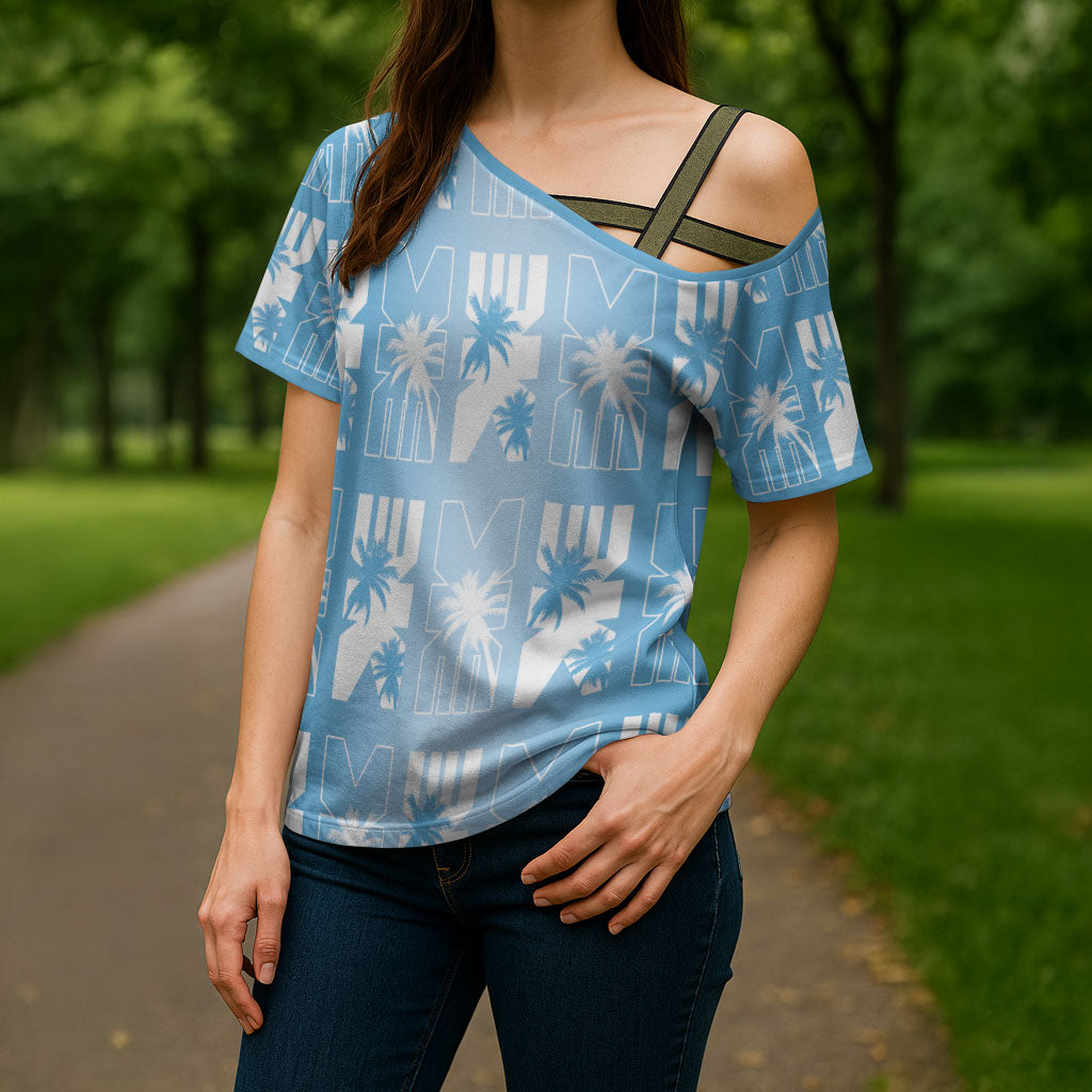 Bula Fiji Cross Shoulder Shirt Blue Makare Masi Tapa Pattern LT05 - Polynesian Pride