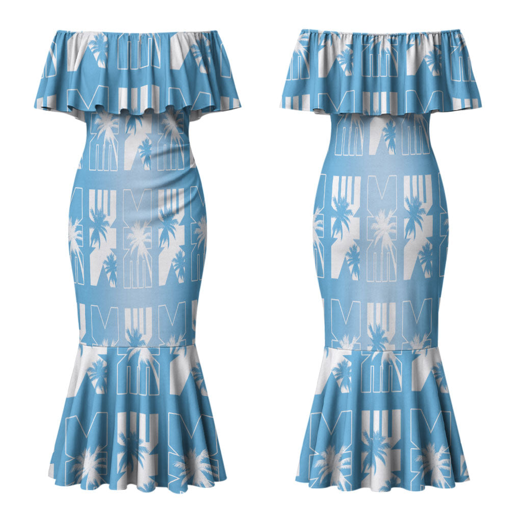 Bula Fiji Family Matching Mermaid Dress and Hawaiian Shirt Blue Makare Masi Tapa Pattern LT05 Mom's Dress Blue - Polynesian Pride