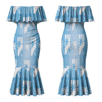 Bula Fiji Family Matching Mermaid Dress and Hawaiian Shirt Blue Makare Masi Tapa Pattern LT05 Mom's Dress Blue - Polynesian Pride