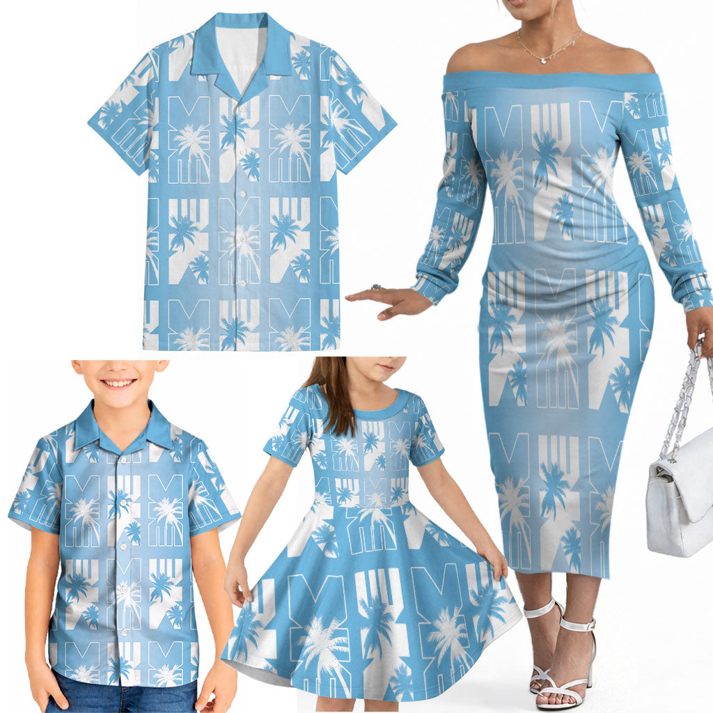 Bula Fiji Family Matching Off The Shoulder Long Sleeve Dress and Hawaiian Shirt Blue Makare Masi Tapa Pattern LT05 - Polynesian Pride