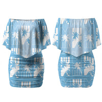 Bula Fiji Family Matching Off Shoulder Short Dress and Hawaiian Shirt Blue Makare Masi Tapa Pattern LT05 Mom's Dress Blue - Polynesian Pride