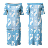 Bula Fiji Family Matching Puletasi and Hawaiian Shirt Blue Makare Masi Tapa Pattern LT05 Mom's Dress Blue - Polynesian Pride