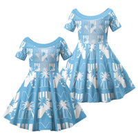 Bula Fiji Family Matching Short Sleeve Bodycon Dress and Hawaiian Shirt Blue Makare Masi Tapa Pattern LT05 Daughter's Dress Blue - Polynesian Pride