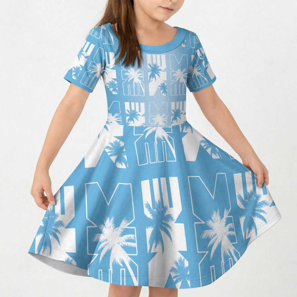 Bula Fiji Kid Short Sleeve Dress Blue Makare Masi Tapa Pattern LT05 KID Blue - Polynesian Pride