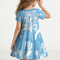 Bula Fiji Kid Short Sleeve Dress Blue Makare Masi Tapa Pattern LT05 - Polynesian Pride