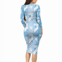 Bula Fiji Long Sleeve Bodycon Dress Blue Makare Masi Tapa Pattern LT05 - Polynesian Pride