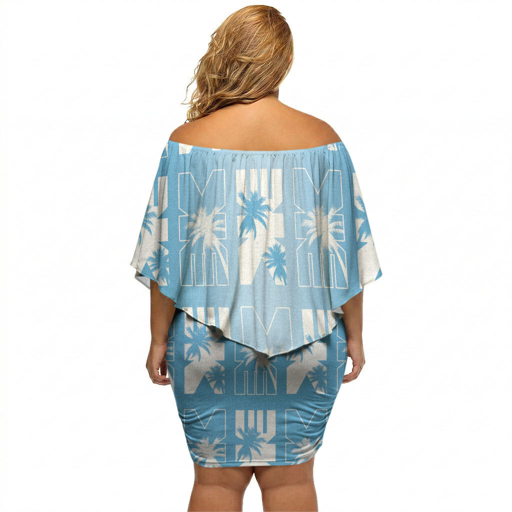 Bula Fiji Off Shoulder Short Dress Blue Makare Masi Tapa Pattern LT05 - Polynesian Pride