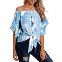 Bula Fiji Off Shoulder Wrap Waist Top Blue Makare Masi Tapa Pattern LT05 Blue - Polynesian Pride