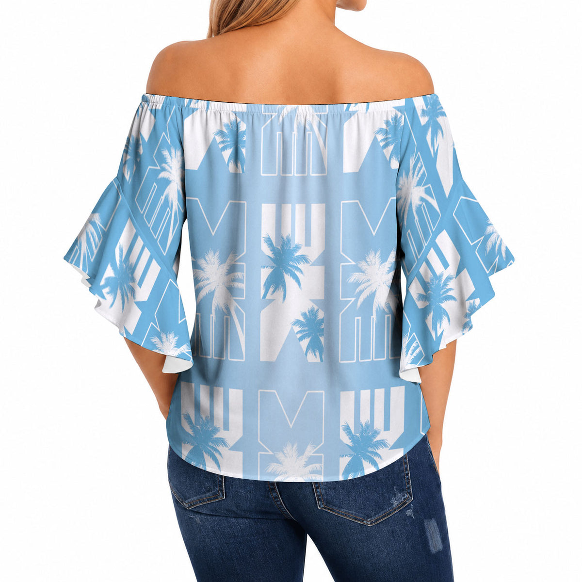 Bula Fiji Off Shoulder Wrap Waist Top Blue Makare Masi Tapa Pattern LT05 - Polynesian Pride
