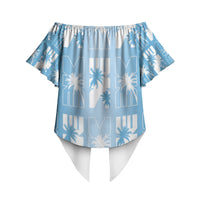 Bula Fiji Off Shoulder Wrap Waist Top Blue Makare Masi Tapa Pattern LT05 - Polynesian Pride