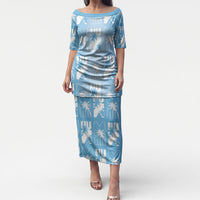 Bula Fiji Puletasi Blue Makare Masi Tapa Pattern LT05 Long Dress Blue - Polynesian Pride