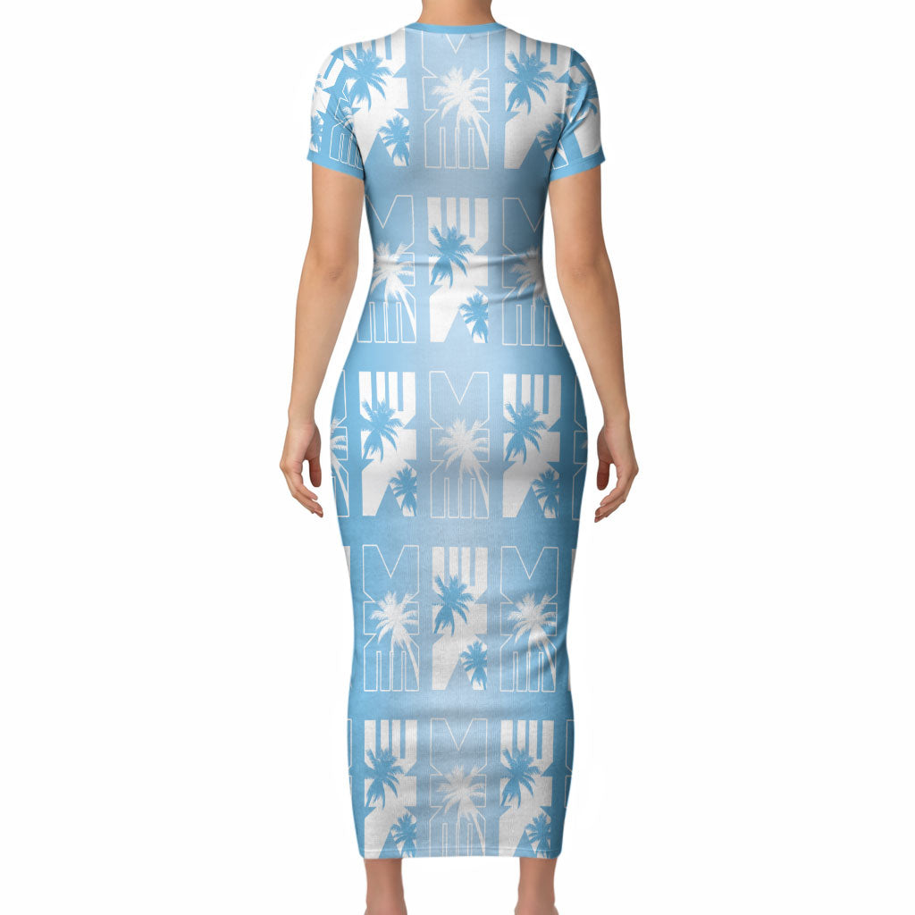 Bula Fiji Short Sleeve Bodycon Dress Blue Makare Masi Tapa Pattern LT05 - Polynesian Pride