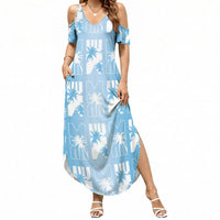 Bula Fiji Summer Maxi Dress Blue Makare Masi Tapa Pattern LT05 Women Blue - Polynesian Pride