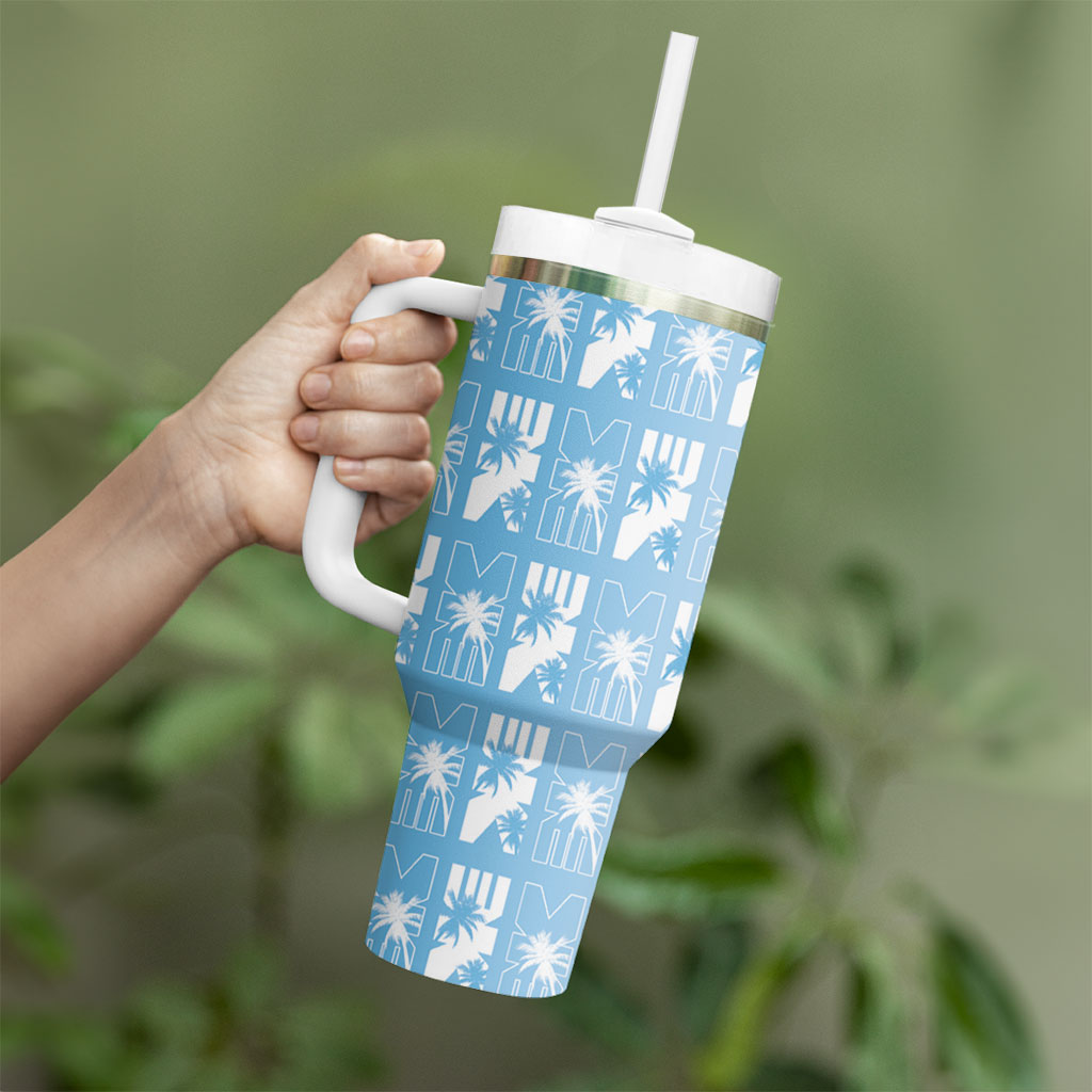 Bula Fiji Tumbler With Handle Blue Makare Masi Tapa Pattern LT05 - Polynesian Pride