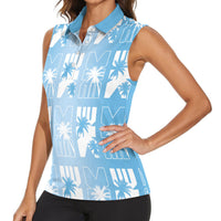 Bula Fiji Women Sleeveless Polo Shirt Blue Makare Masi Tapa Pattern LT05 - Polynesian Pride