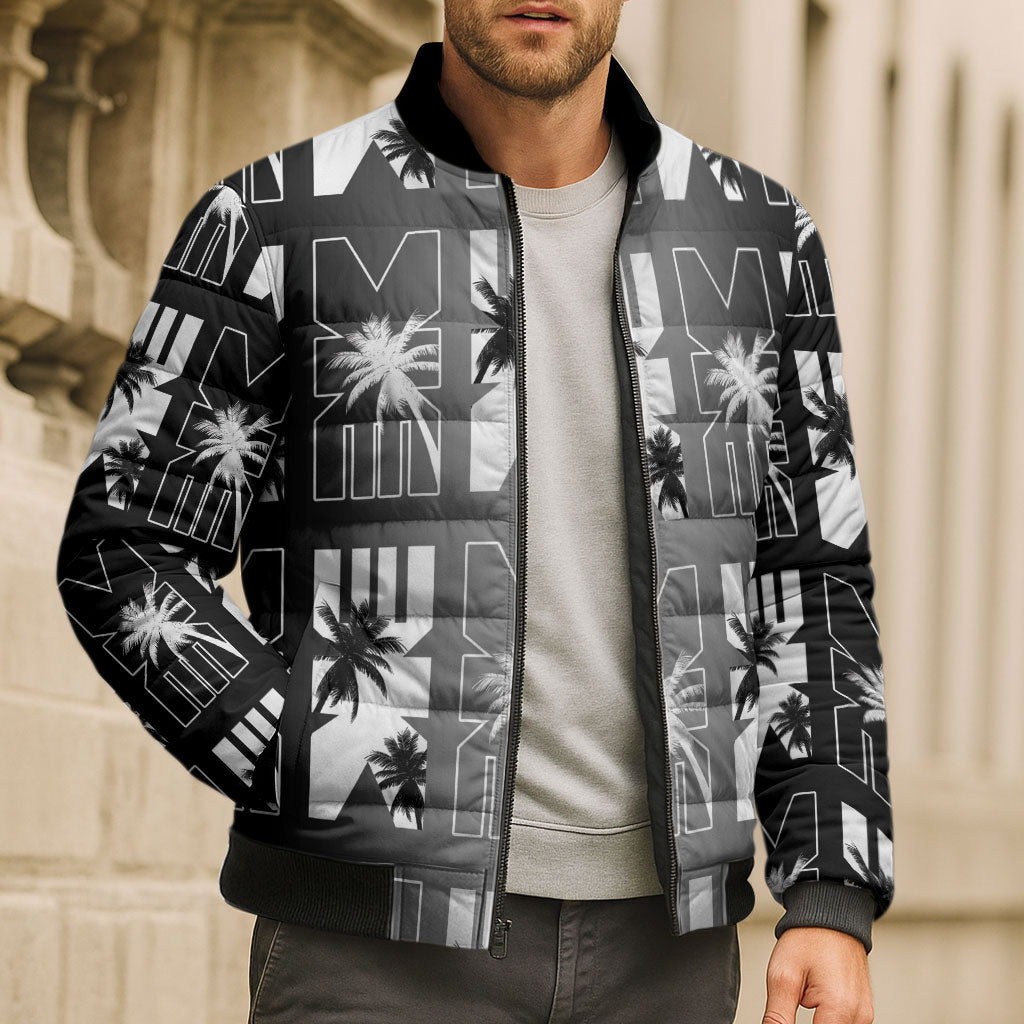 Bula Fiji Bomber Puffer Jacket Black Makare Masi Tapa Pattern LT05 - Polynesian Pride