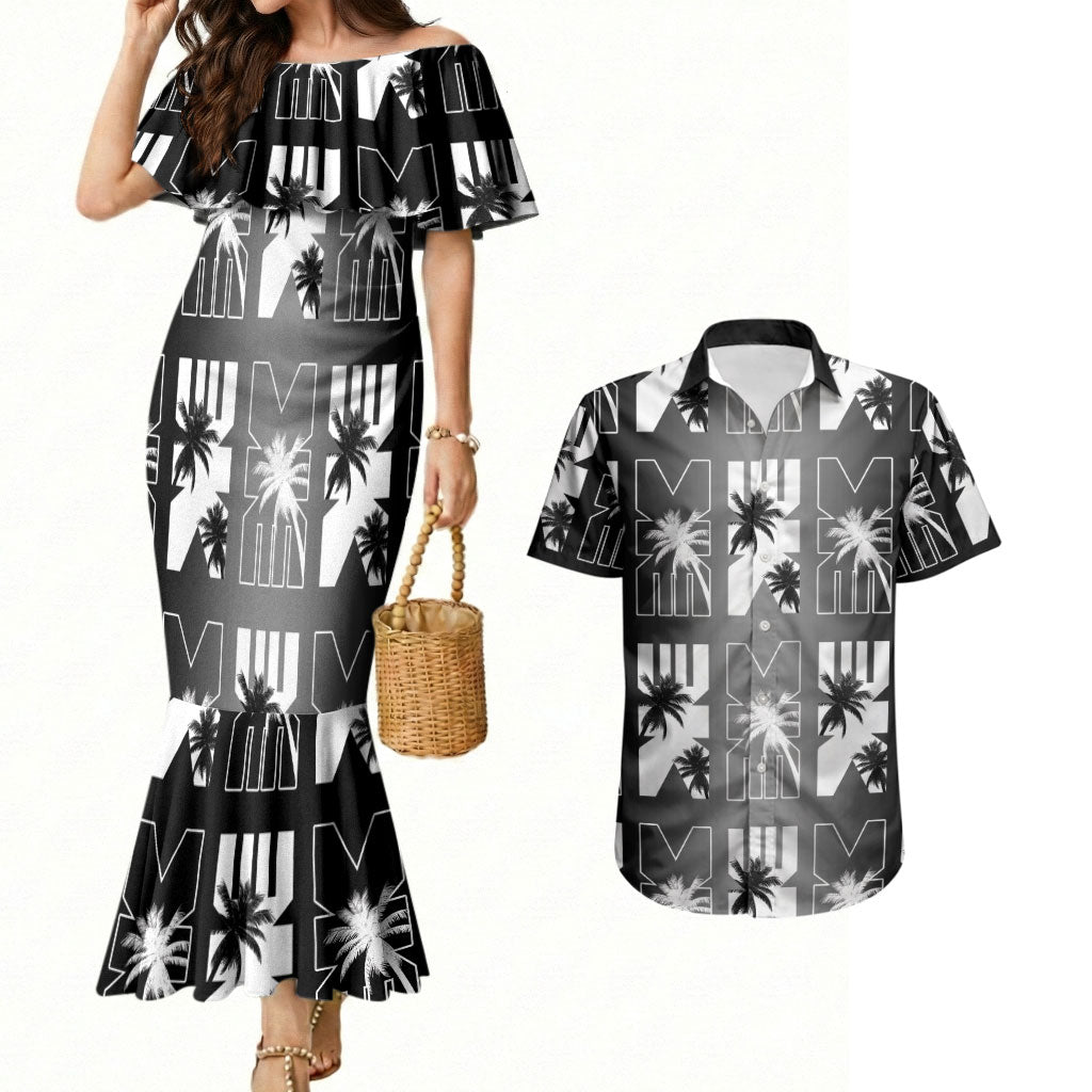 Bula Fiji Couples Matching Mermaid Dress and Hawaiian Shirt Black Makare Masi Tapa Pattern LT05 Black - Polynesian Pride